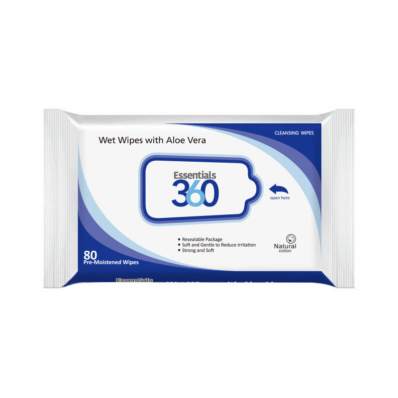 Essentials 360 Aloe Vera Wipes come in a resealable package to keep your wipes form drying out. 